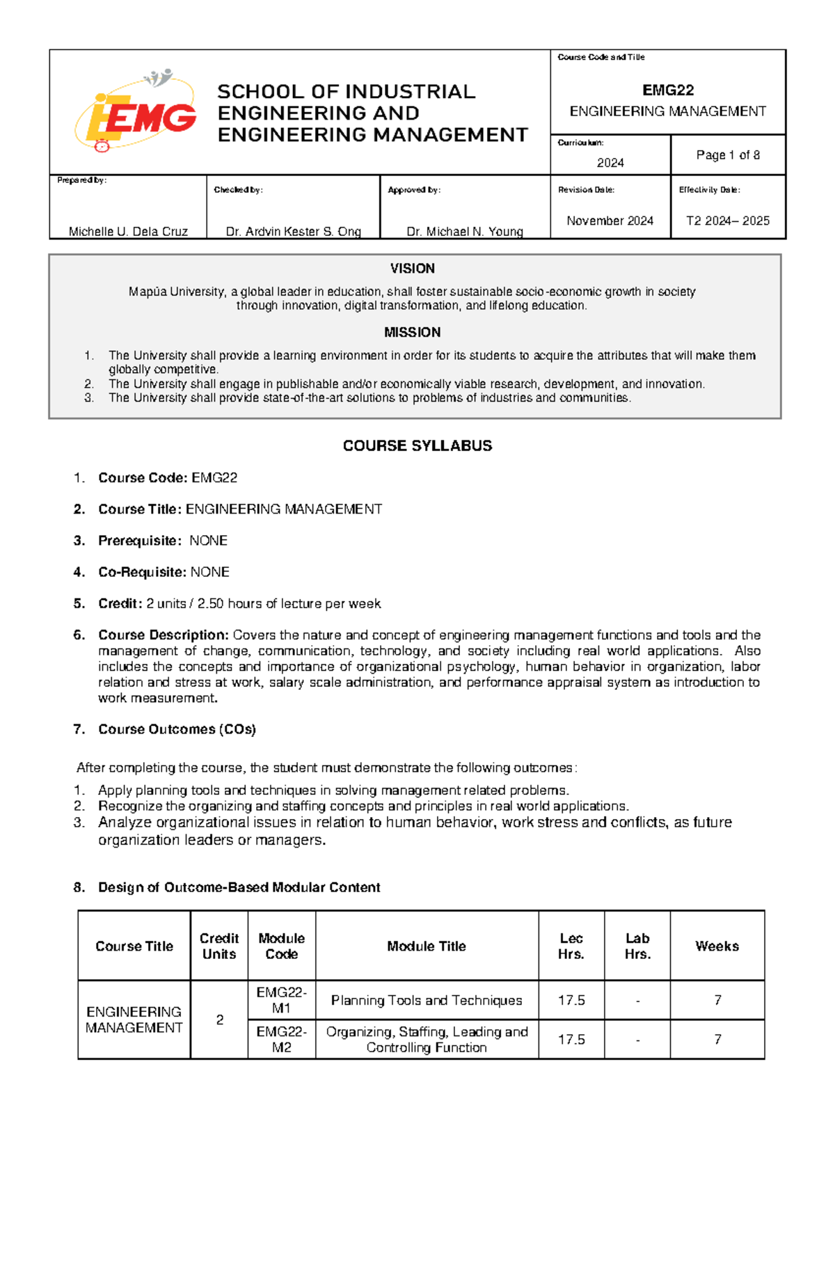 EMG22 T2 2024-2025 Engineering Management Course Syllabus - Studocu