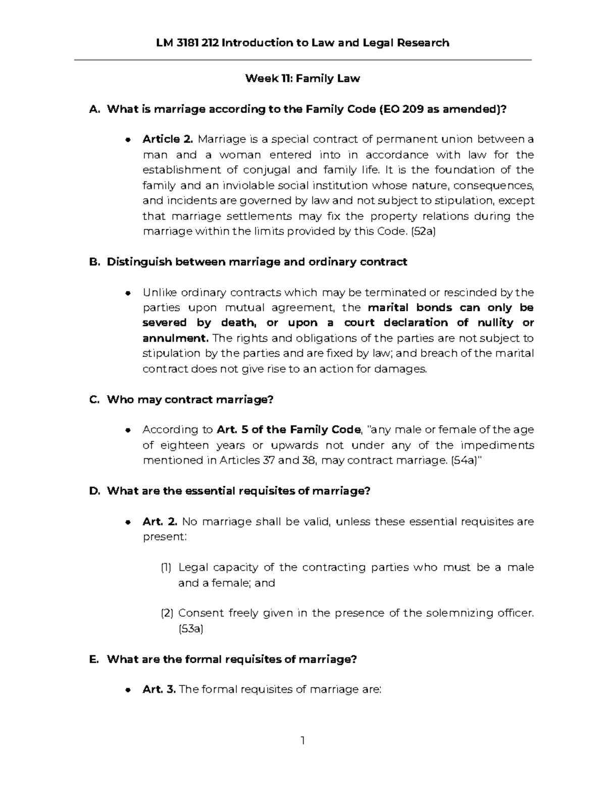 [LM 3181] WEEK 11 - Overview of Family Law Concepts and Marriage - Studocu