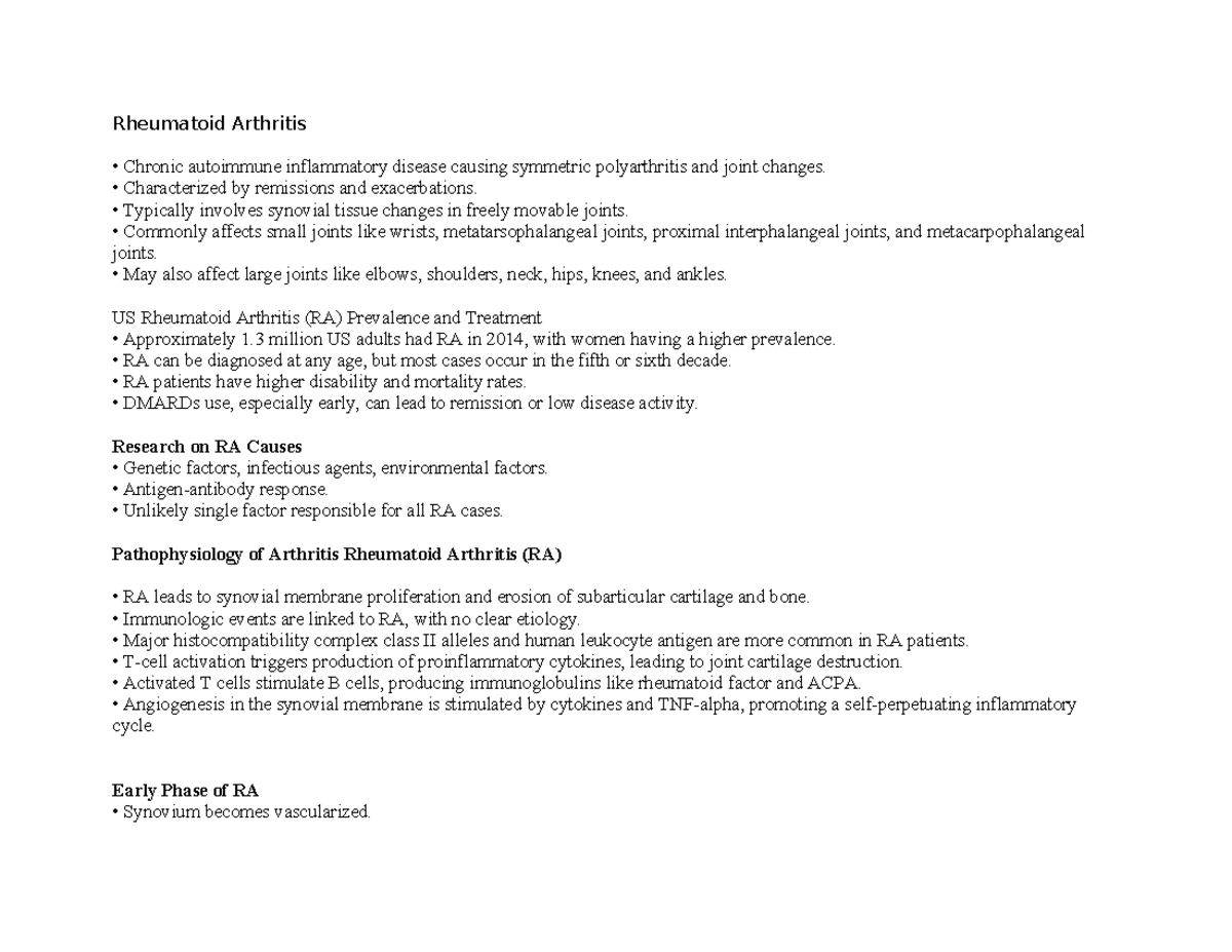 RA - lecture notes on rheumatoid arthritis pathophysiology and ...