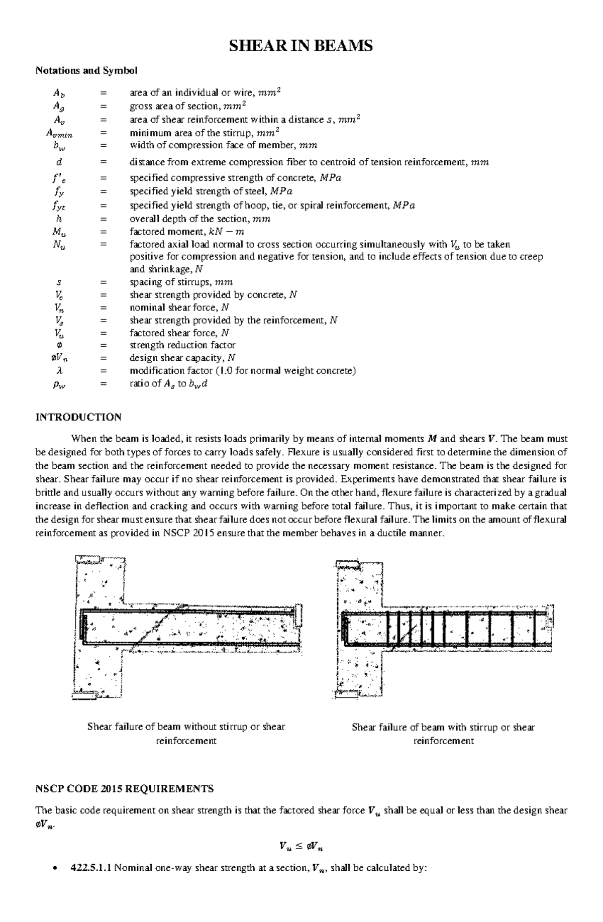 SHEAR IN BEAMS: Notations, Design, and NSCP 2015 Requirements - Studocu