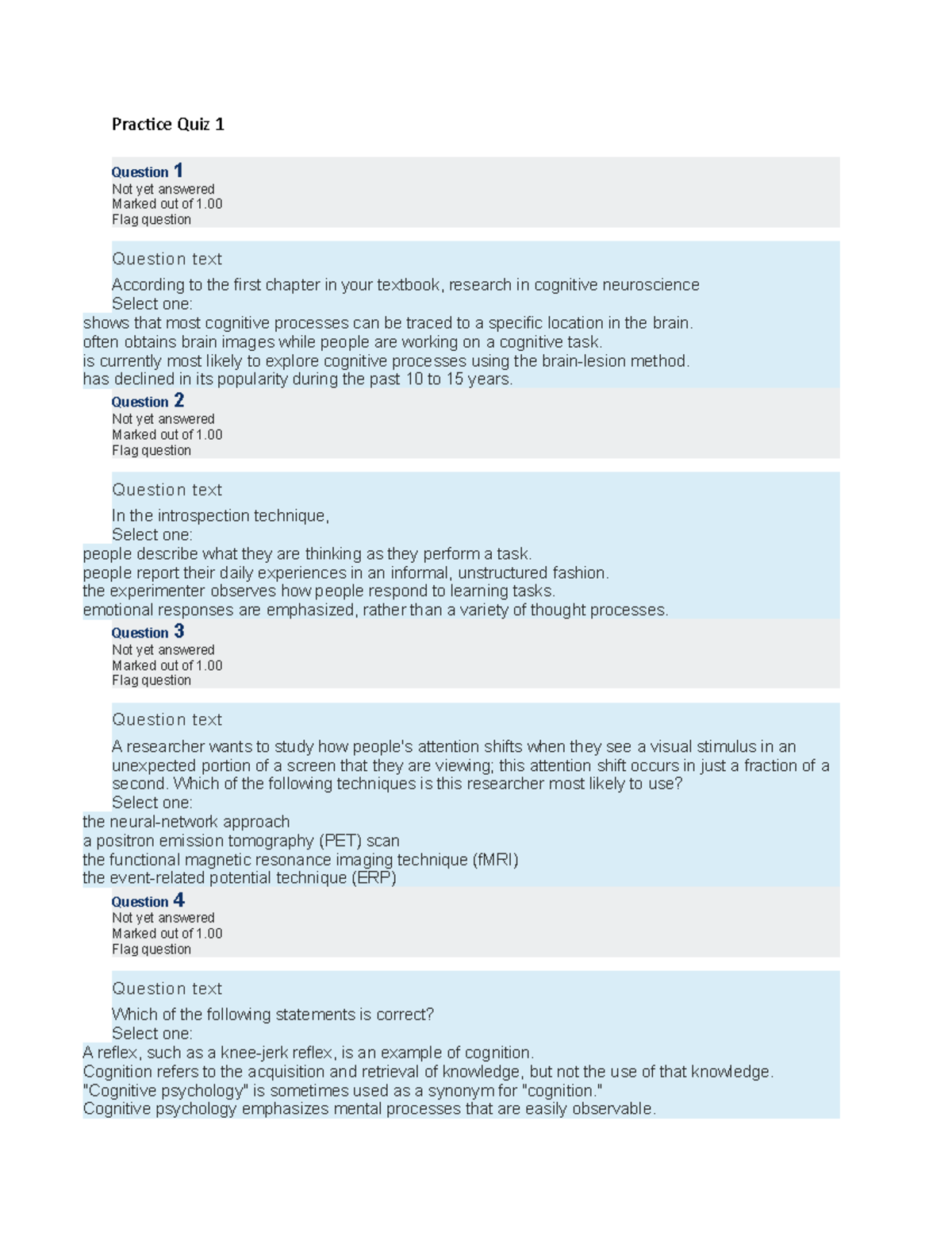 Cognitive Psychology Practice Quiz 1: Questions & Insights - Studocu