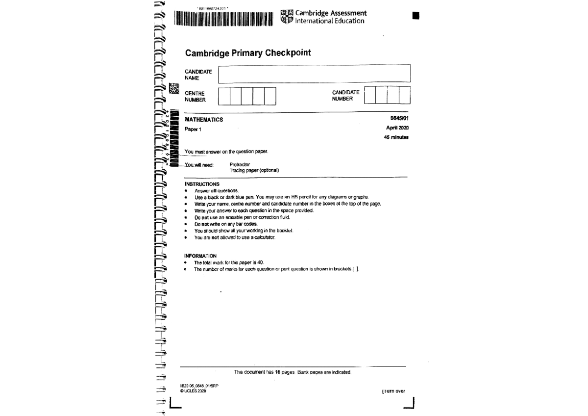 Cambridge Primary Checkpoint Math Paper 1 - April 2020 Exam - Studocu