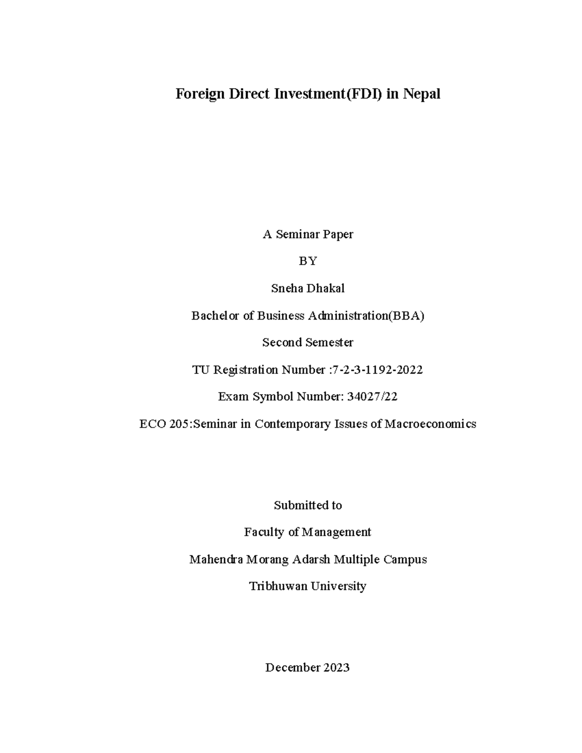FDI in Nepal: Seminar Paper Notes for ECO 205 - BBA 2nd Sem - Studocu