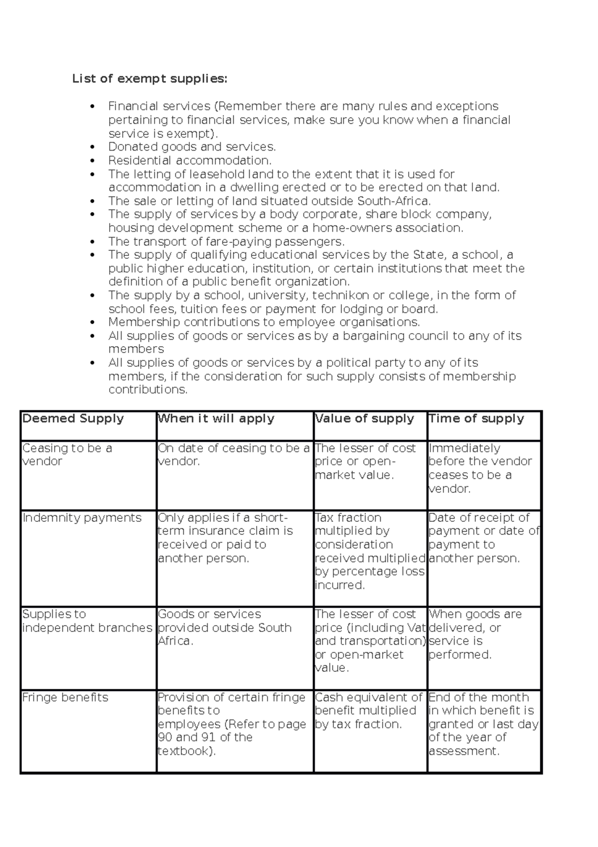 List of Exempt Supplies and Relevant Tax Considerations - Studocu