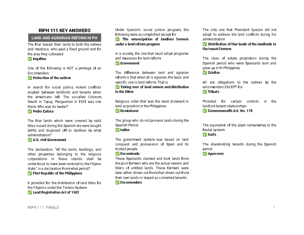RIPH111 KEY - LAND AND AGRARIAN REFORM QUIZ SUMMARY - Studocu