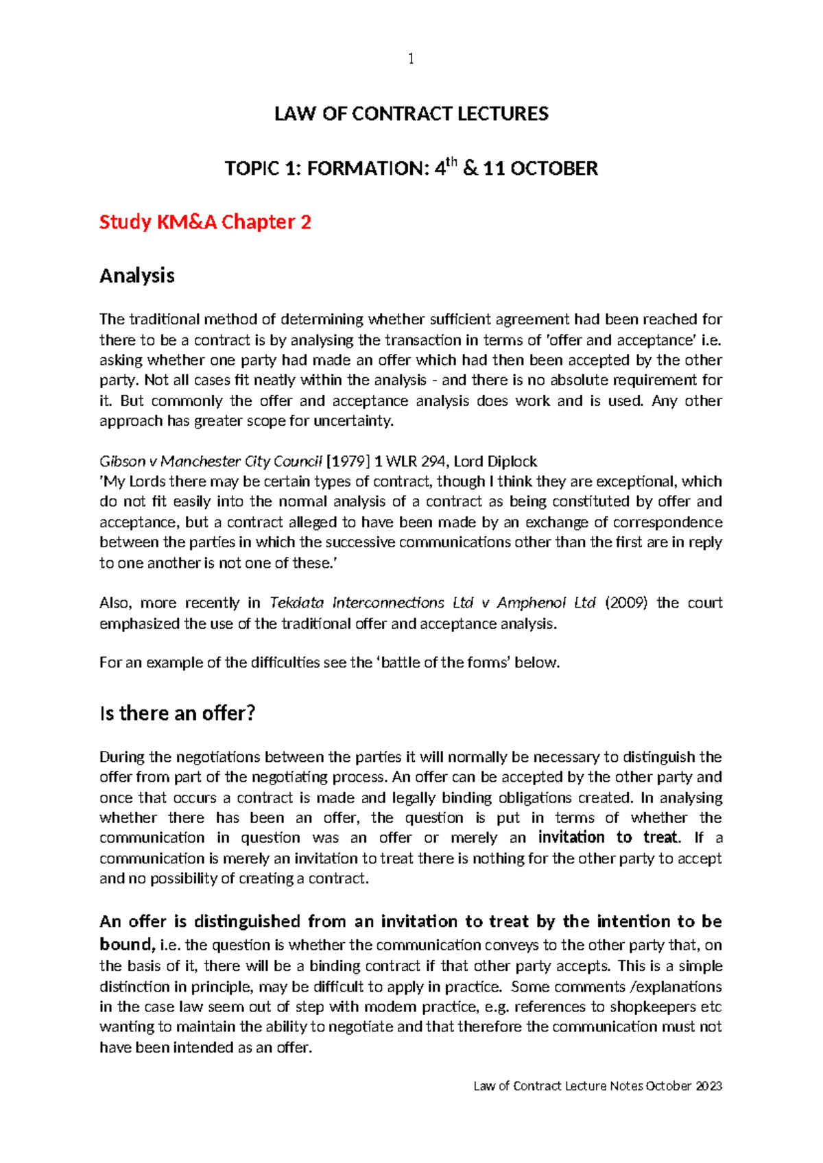 Law of Contract Lecture Notes: Offer & Acceptance Analysis (Oct 2023 ...