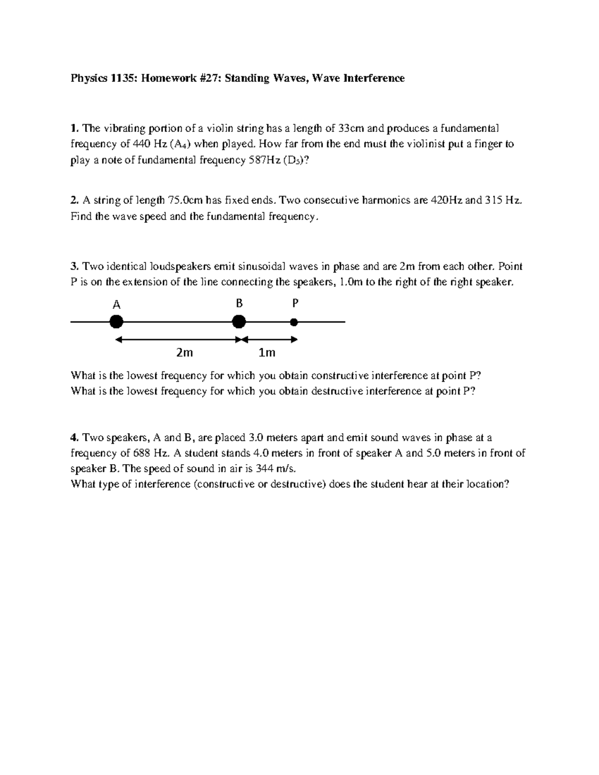 Physics 1135: HW27 - Standing Waves & Wave Interference Analysis - Studocu