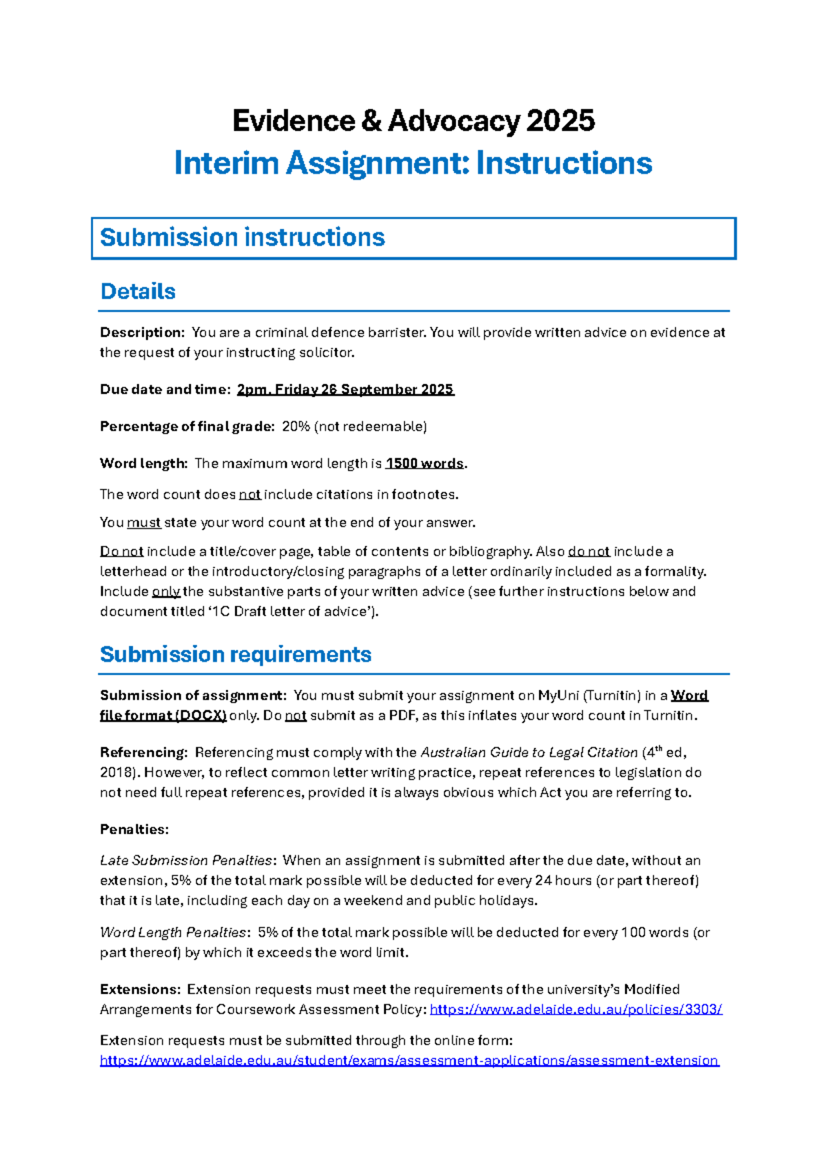 2025 Evidence Law - Interim Assignment Instructions for Submission ...