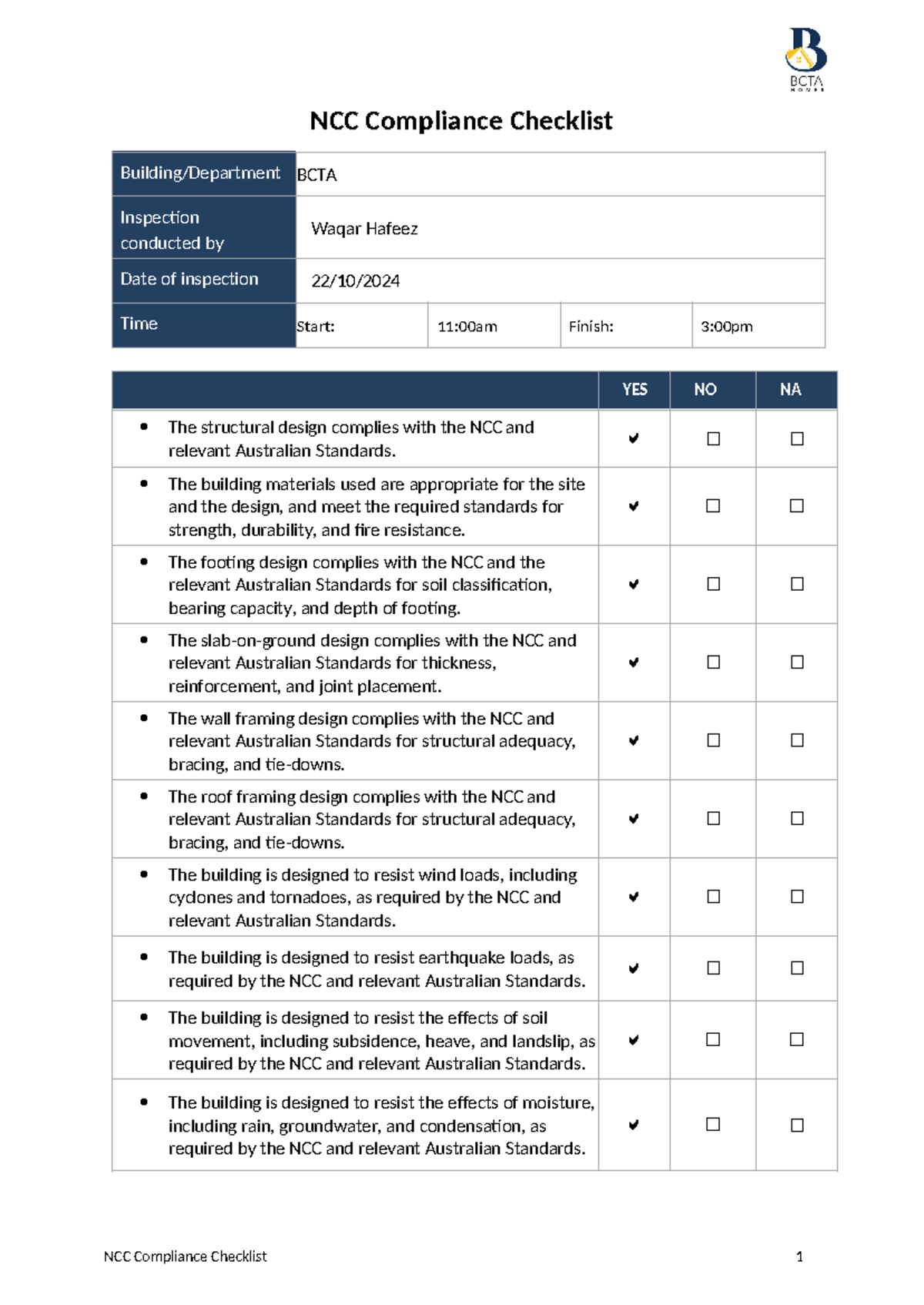 Q8 - NCC Compliance Checklist for Building Inspections - Studocu