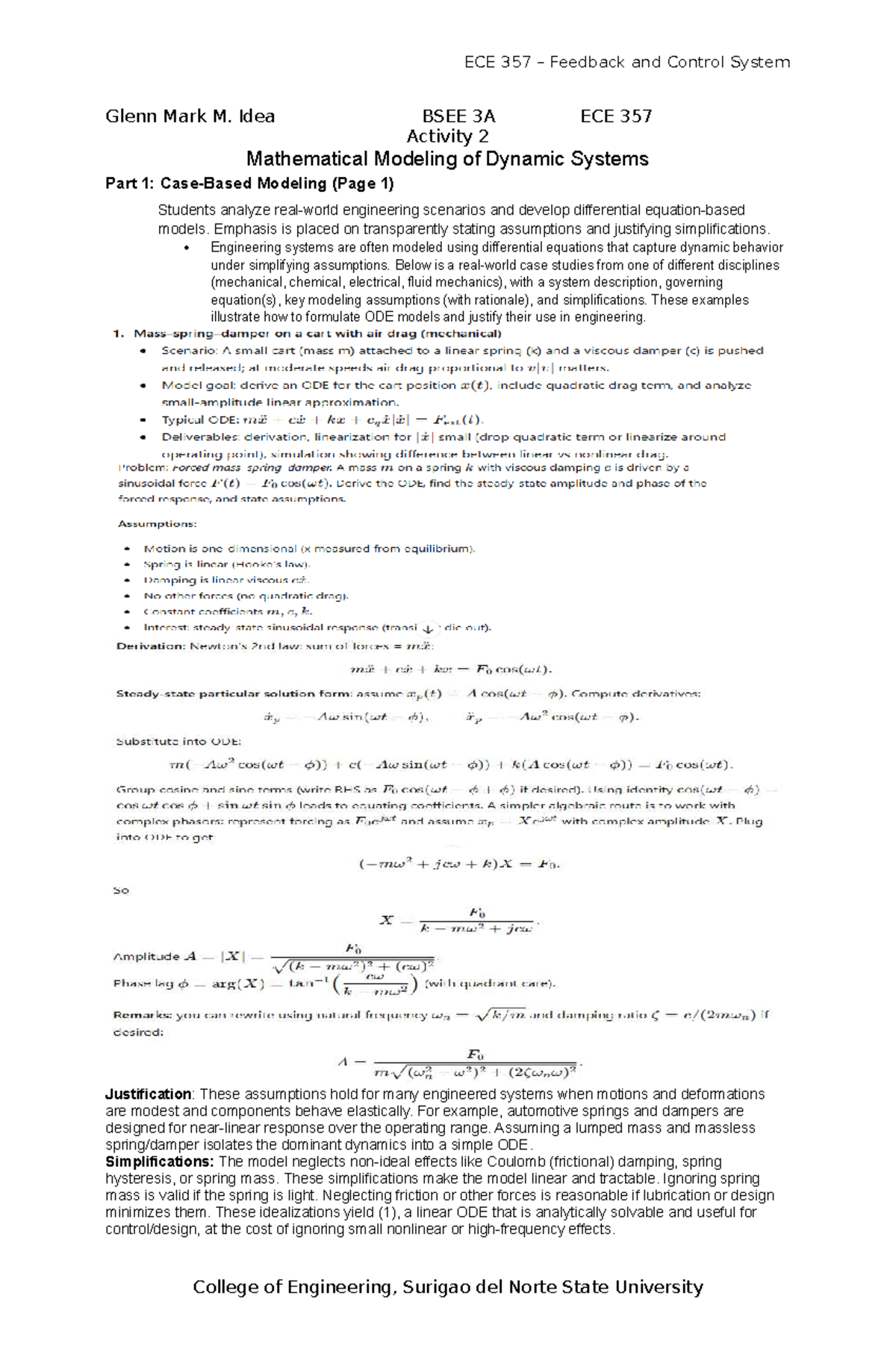 ECE 357 Activity 2: Mathematical Modeling of Dynamic Systems - Studocu