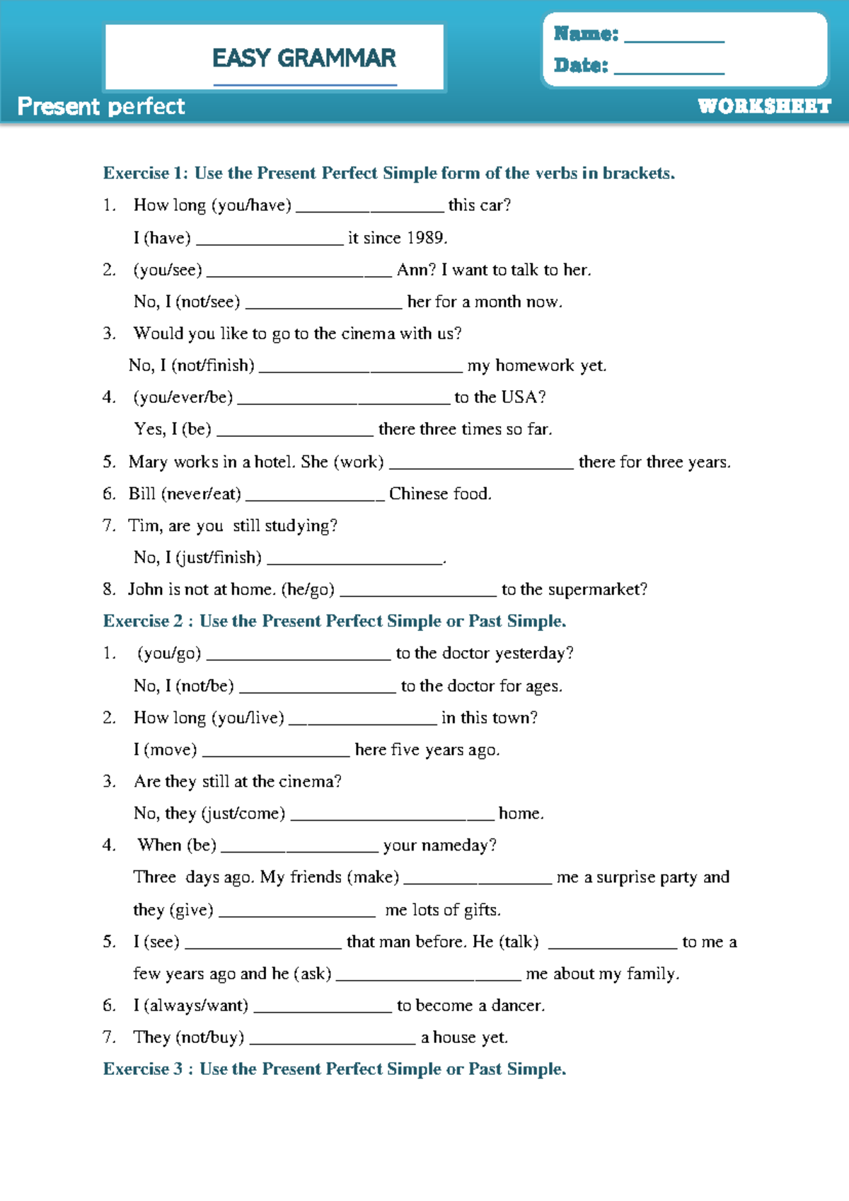 Present Perfect - Worksheet 2: Exercises and Practice - Studocu