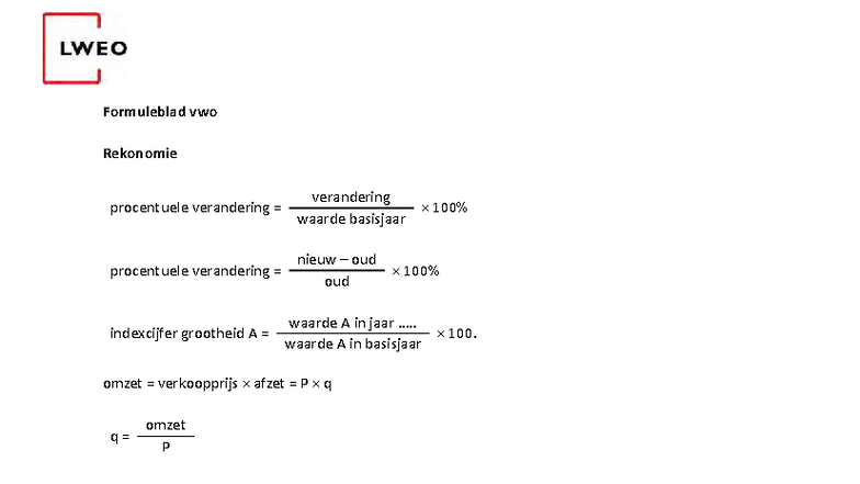 Formuleblad VWO Rekonomie: Essentiële Formules en Indexcijfers ...