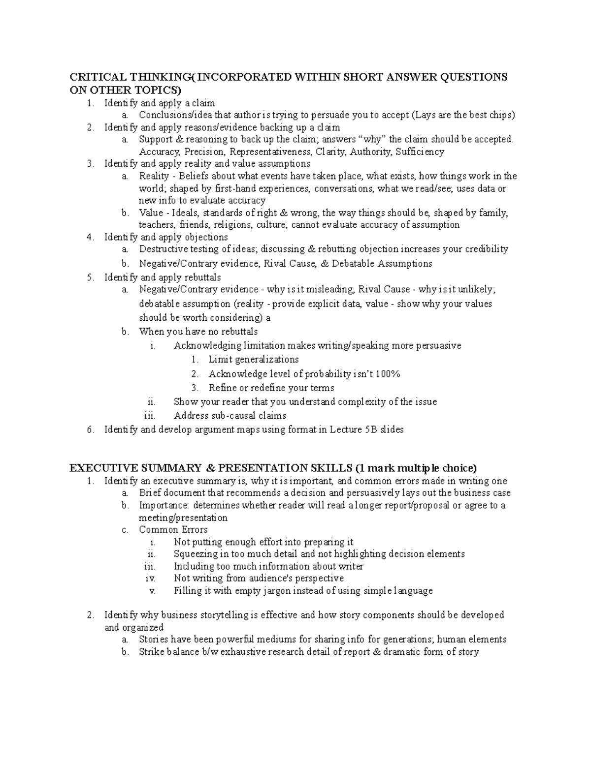 BU121 Final Exam Review: Critical Thinking & Executive Summary Skills ...