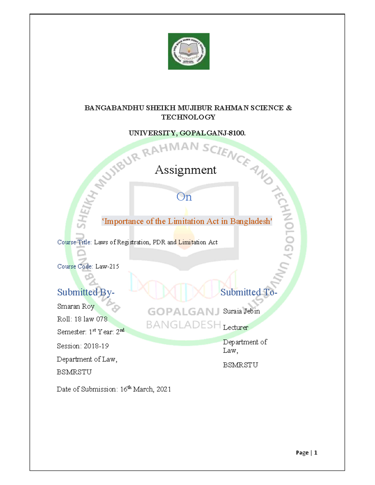 Assignment on Importance of Limitation Act in Bangladesh (Law-101 ...