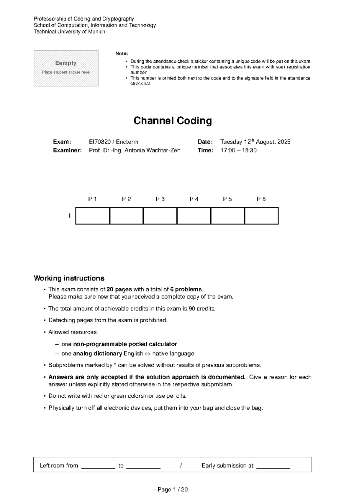Final Exam: Channel Coding EI70320 - Technical University of Munich ...