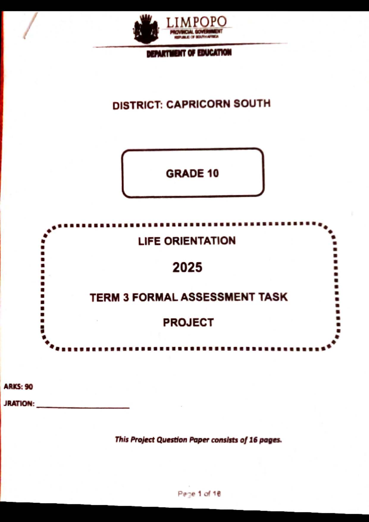 GRD 10 LO - Term 3 Formal Assessment Task on Teenage Pregnancy - Studocu