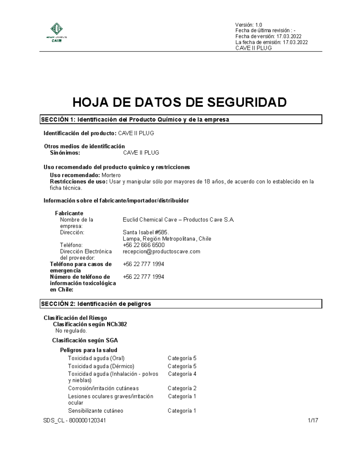 HDS CAVE II PLUG V1.0: Hoja de Datos de Seguridad - Studocu