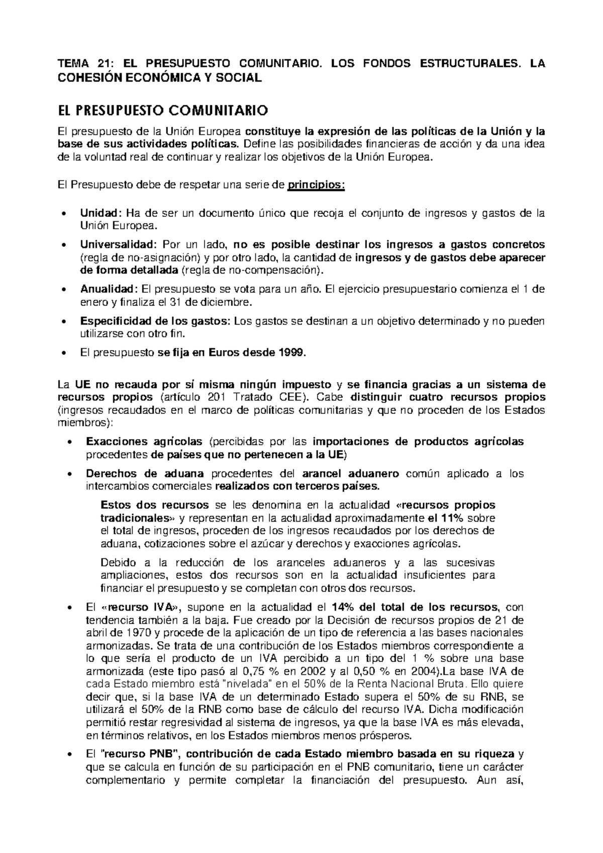 TEMA 21: Presupuesto Comunitario y Fondos Estructurales en la UE - Studocu