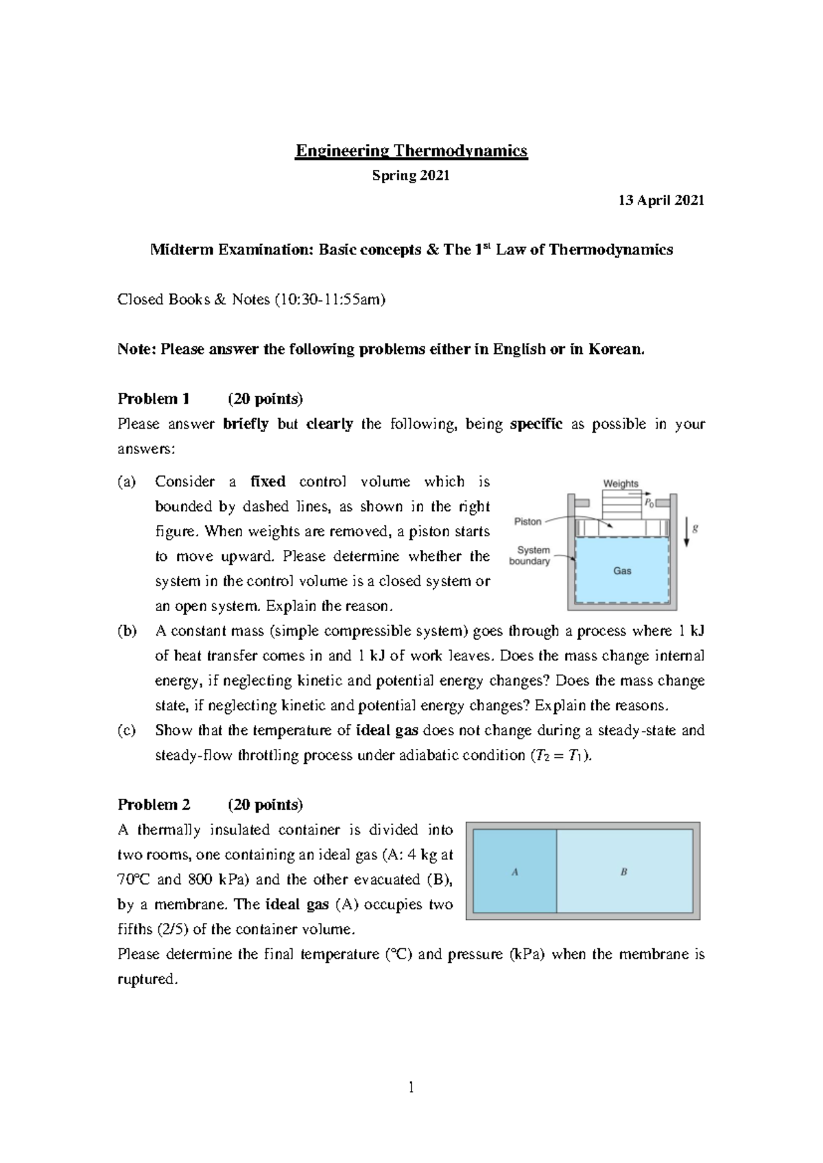 2021-1 Engineering Thermodynamics Midterm Exam Notes by Prof. 권오채 - Studocu