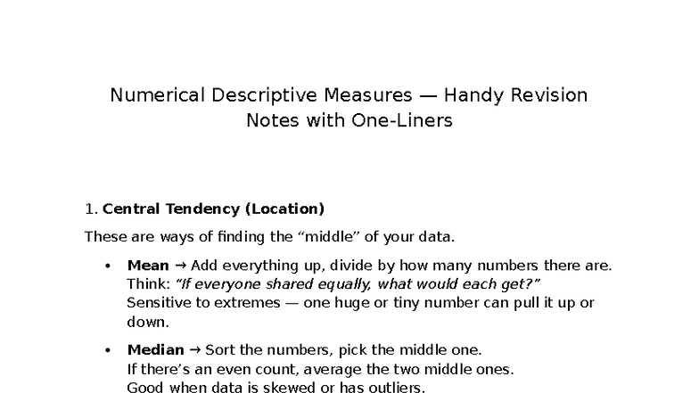 Numerical Descriptive Measures - Lecture 3 Revision Notes - Studocu
