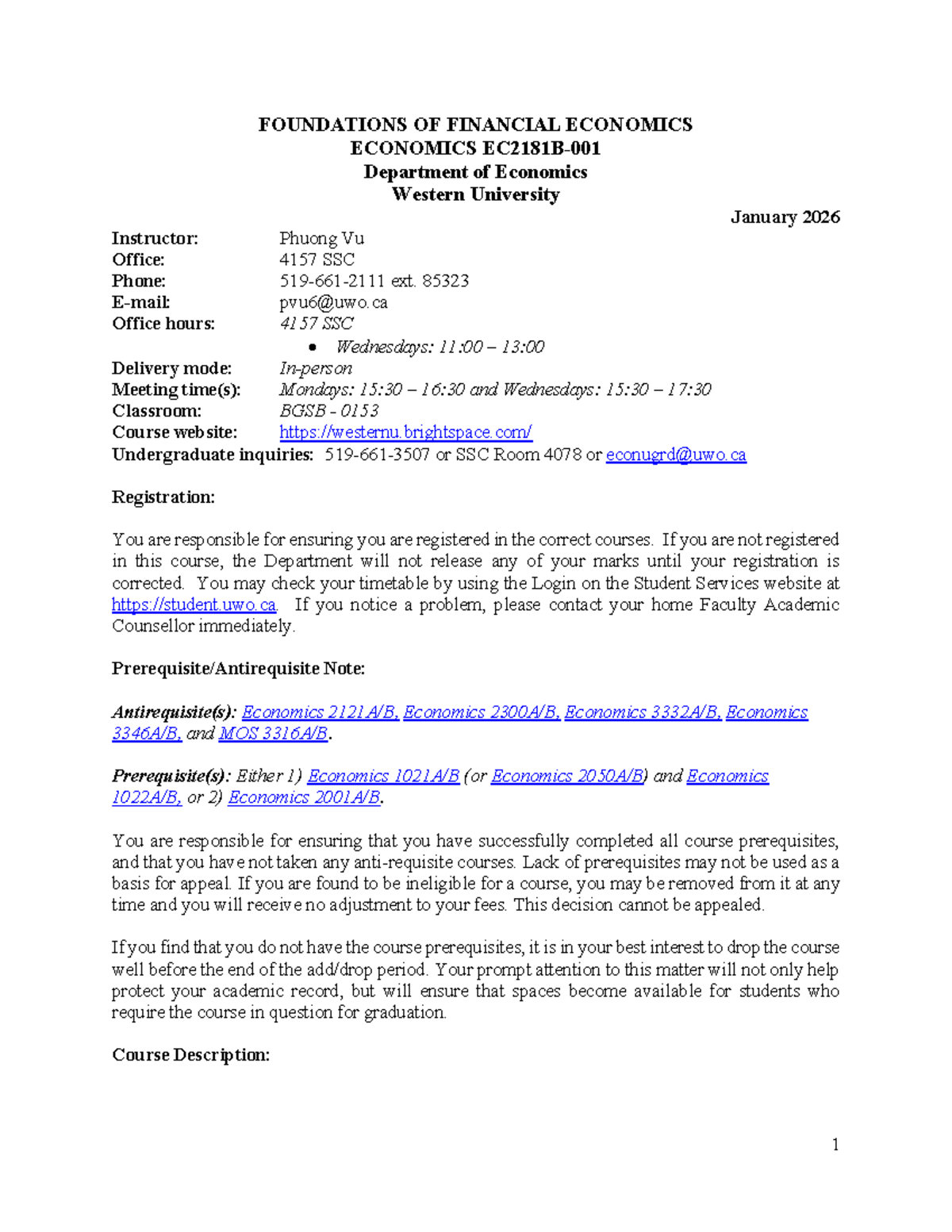 ECON 2181 - Foundations of Financial Economics Course Outline Winter ...