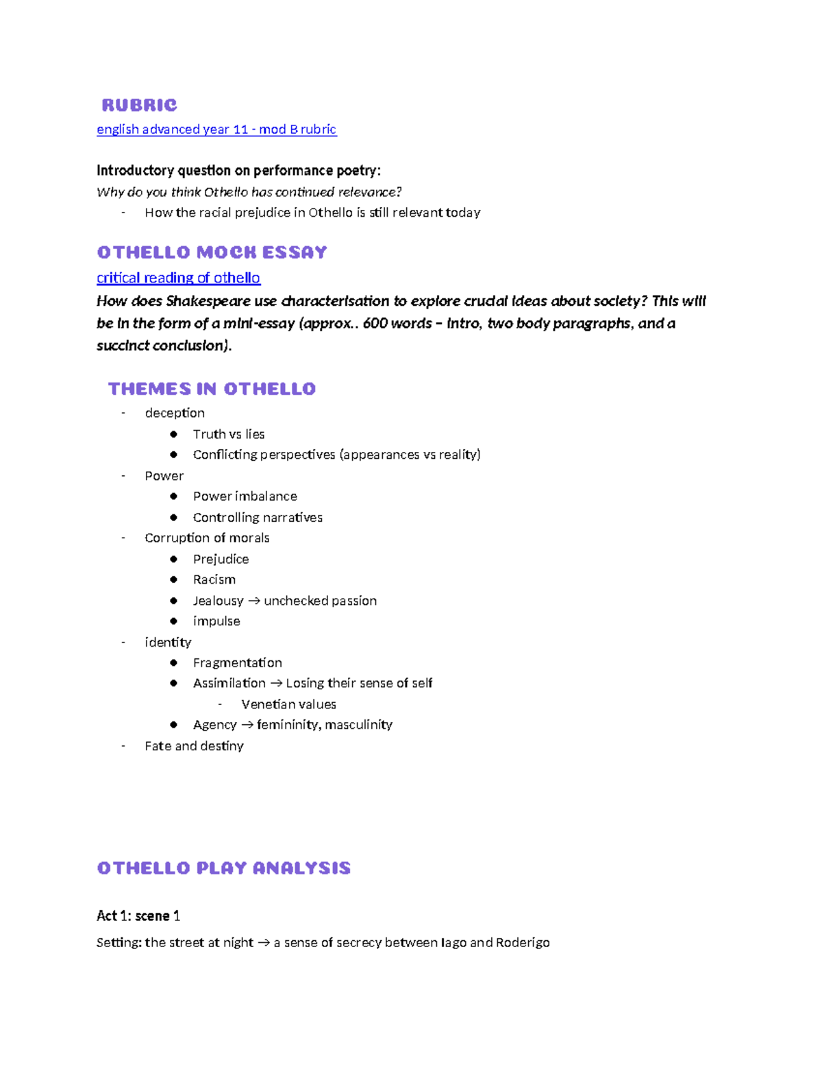 Year 11 English Advanced - Mod B Critical Study: Othello Insights - Studocu