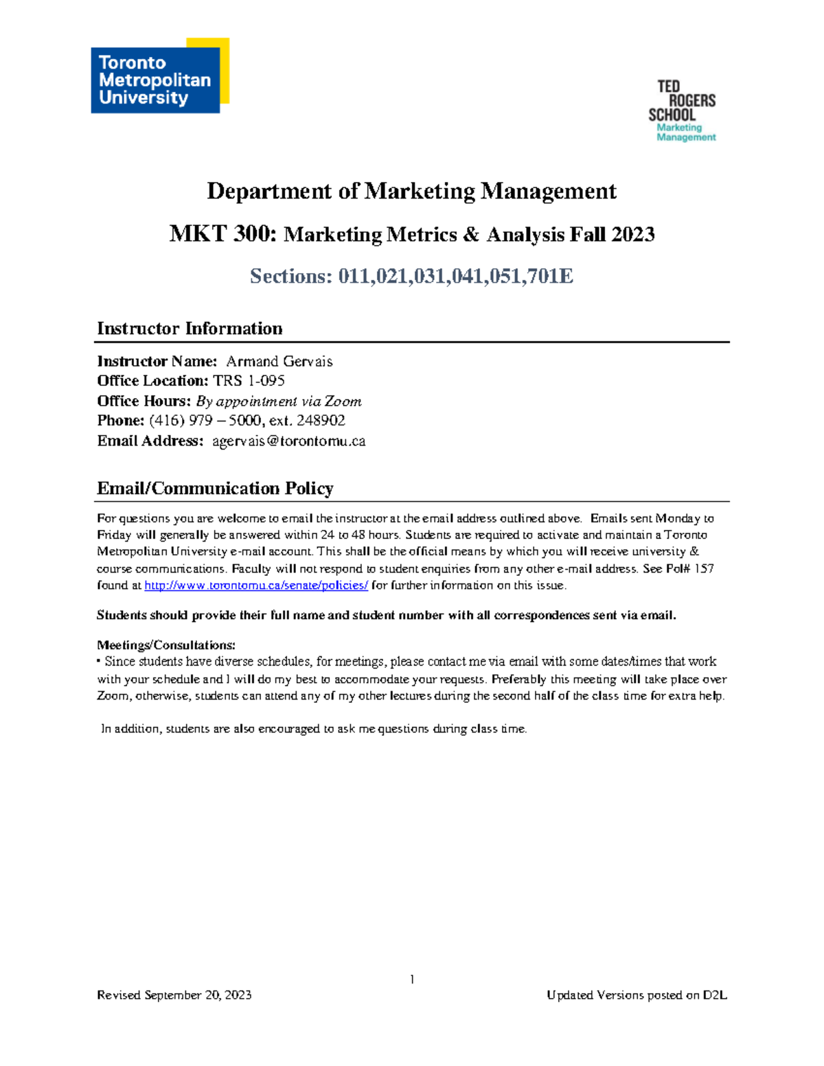 MKT 300 Course Outline: Marketing Metrics & Analysis F23 - Studocu