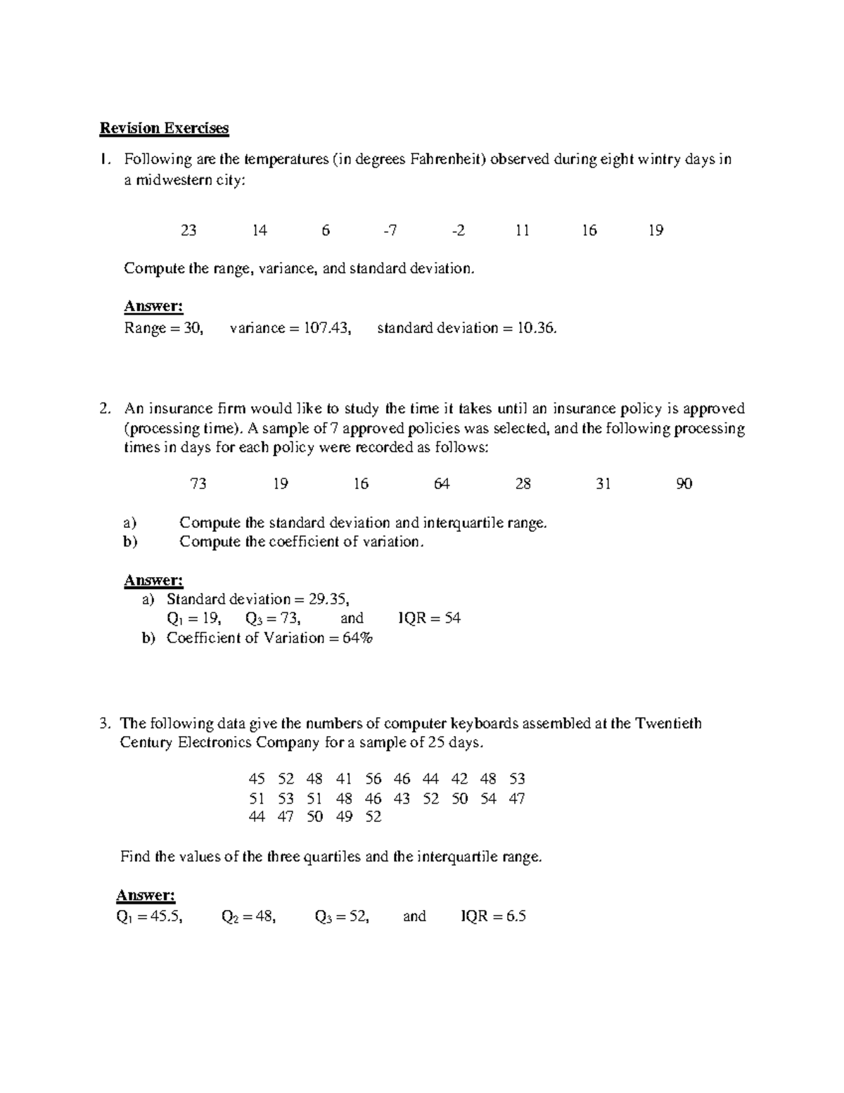 Revision Exercises for Statistics and Probability (Course Code ...