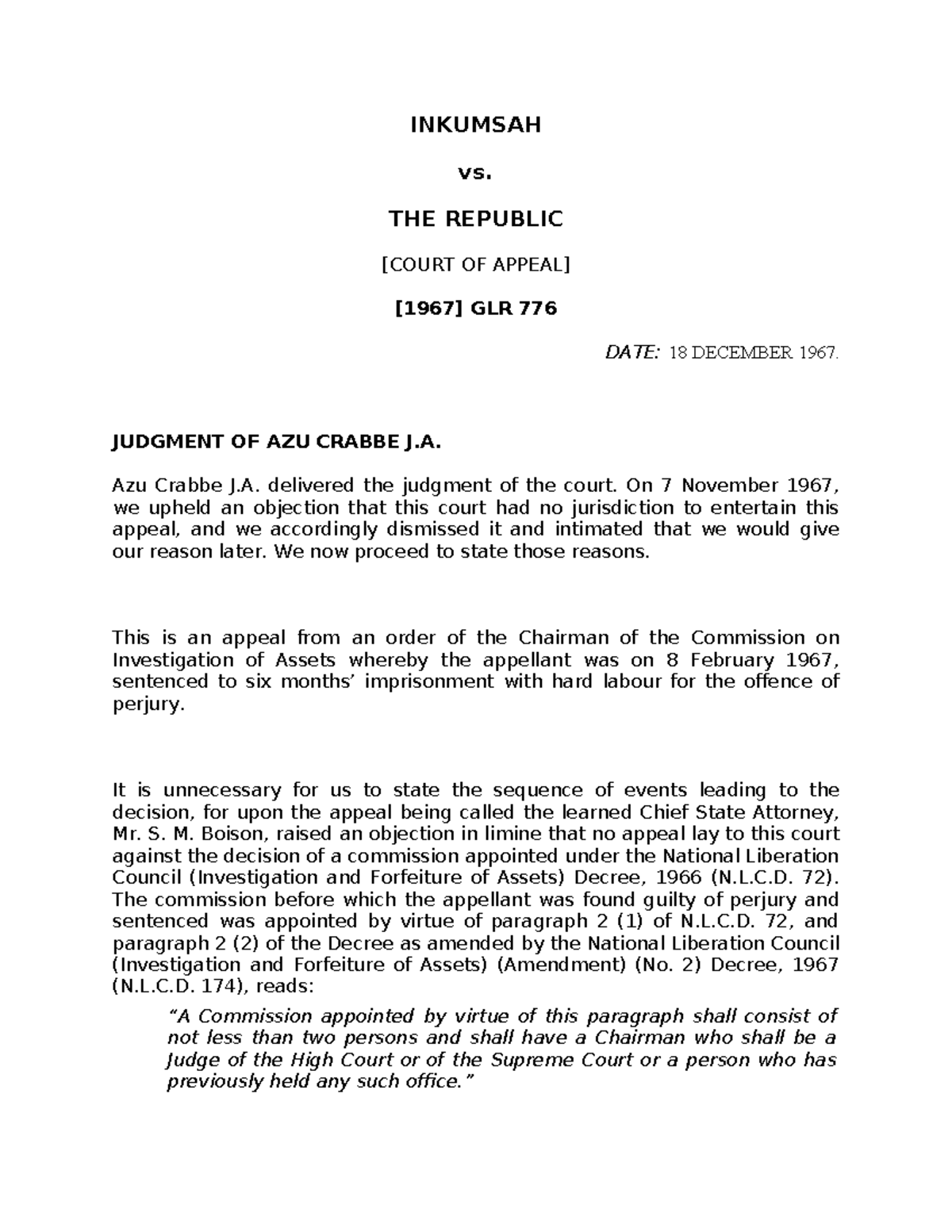INKUMSAH vs. THE REPUBLIC OF GLR 776: Judgment Analysis (Dec 1967 ...