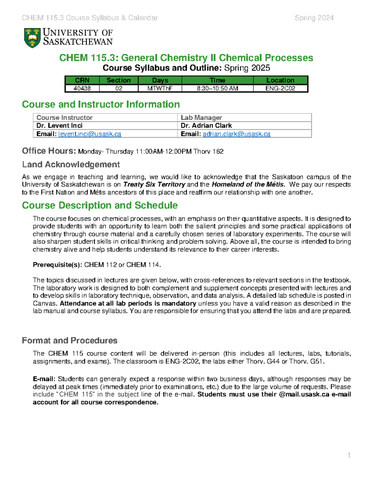 CHEM 115.3 Spring 2025 Course Syllabus & Calendar Overview - Studocu