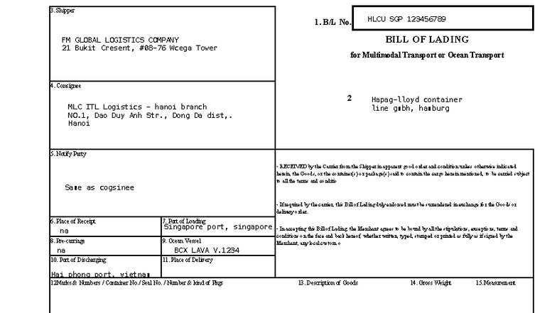 HBL - Bill of Lading for Multimodal Transport (HLCU SGP 123456789 ...