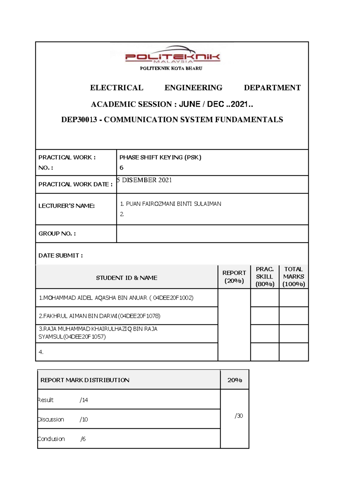 DEP30013 Practical Work 6: Phase Shift Keying (PSK) Modulation Report ...