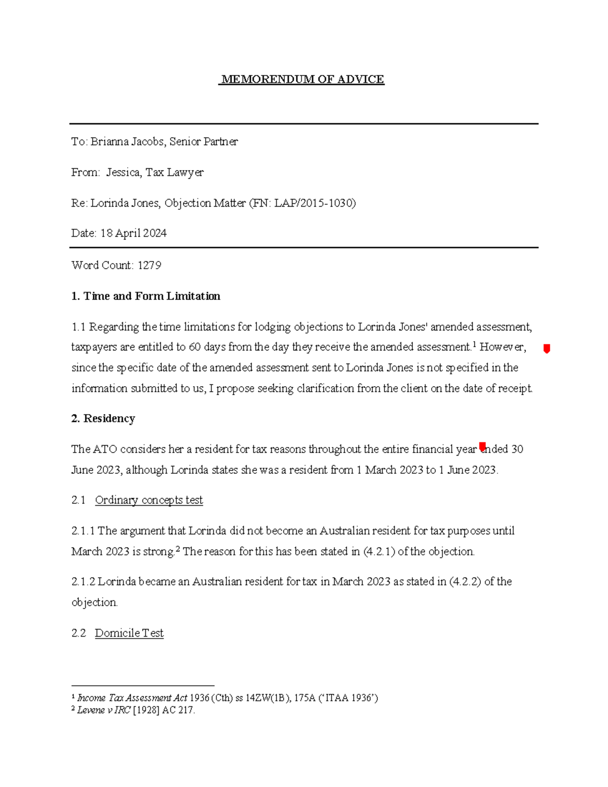Memorandum of Advice: Lorinda Jones Tax Objection (21/40) - Studocu