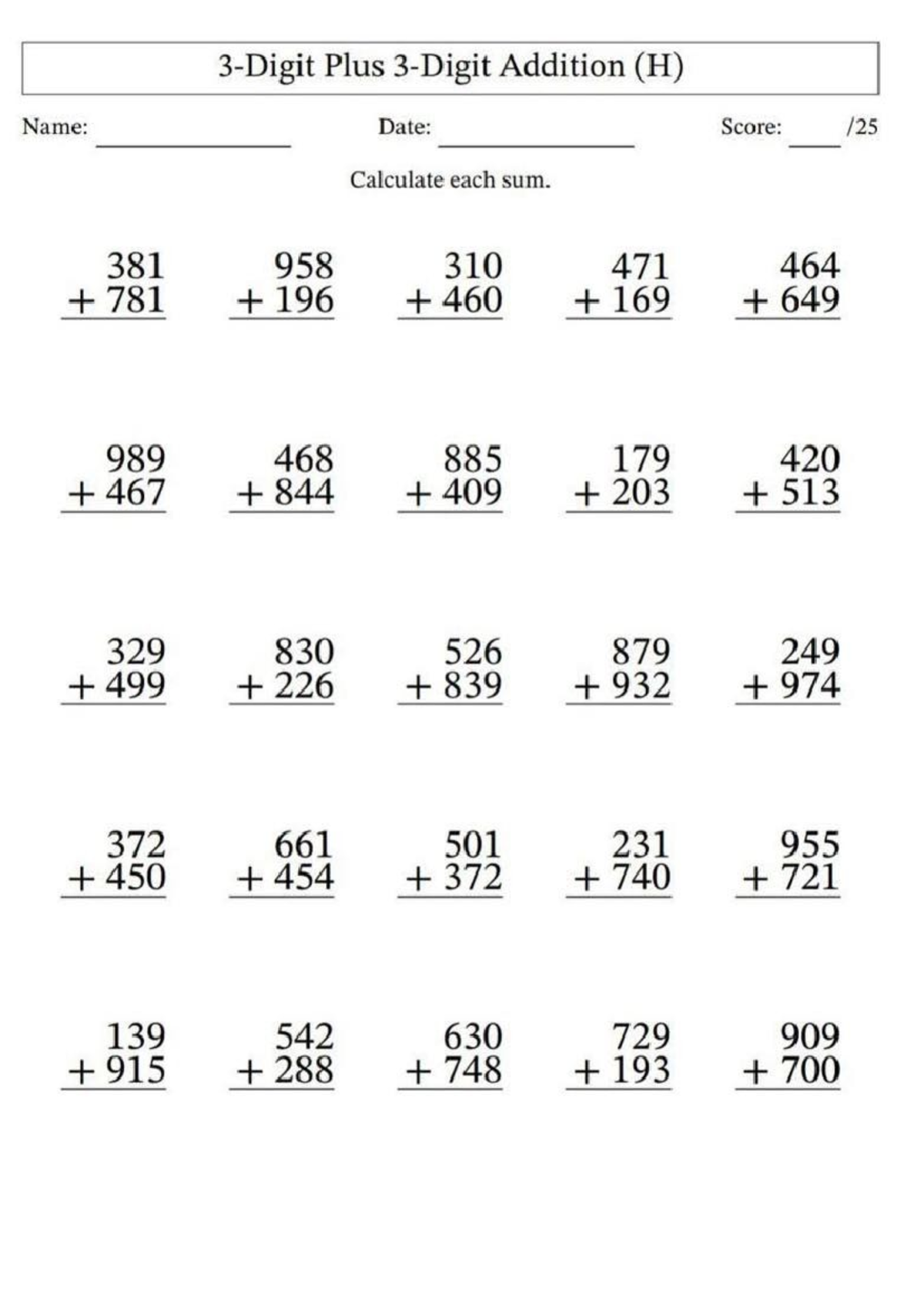 Plus Addition (H) Practice and Answers for Math Class - Studocu