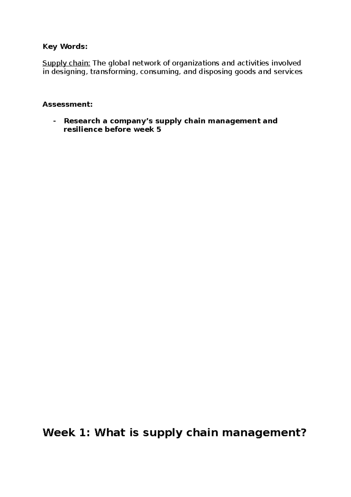 Supply Chain Management Lecture Notes - Key Words: Supply chain: The ...