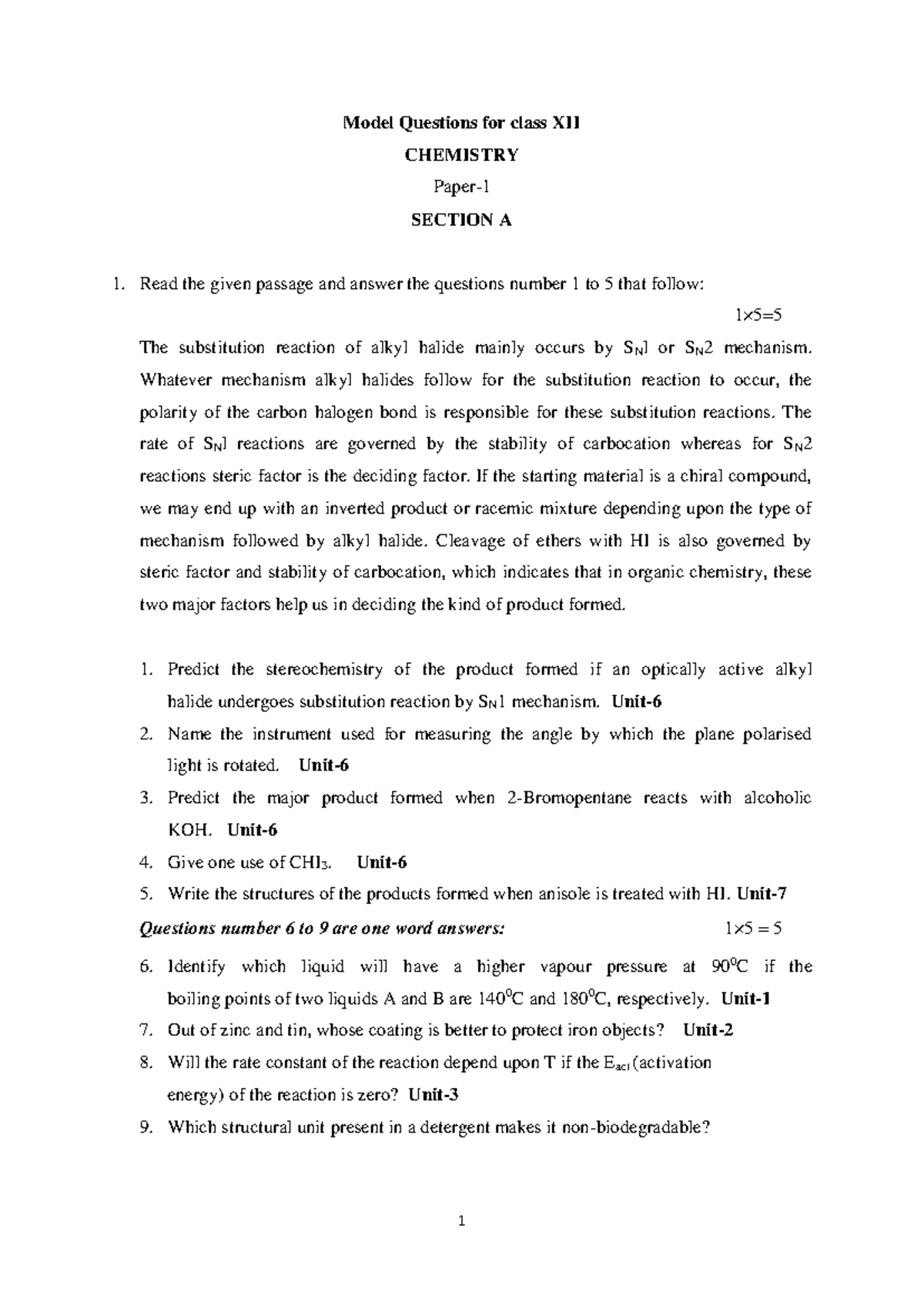 Model Questions for Class XII Chemistry - Comprehensive Guide - Studocu