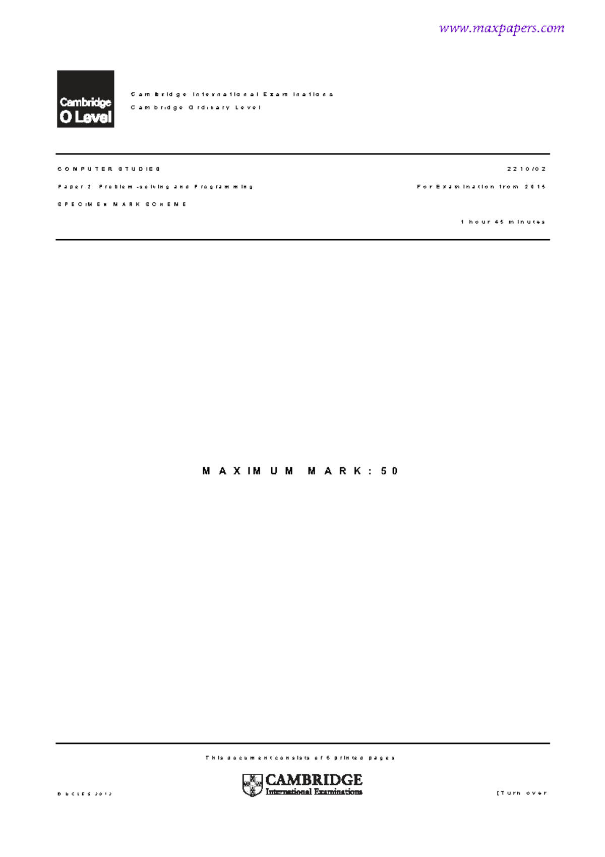 Cambridge O Level Computer Studies 2210/15 Specimen Mark Scheme - Studocu