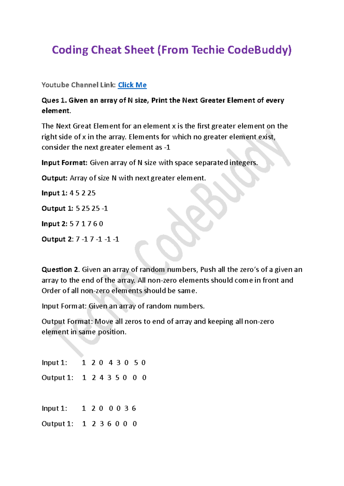 Techie CodeBuddy Coding Cheat Sheet: Key Coding Questions 2024 - Studocu