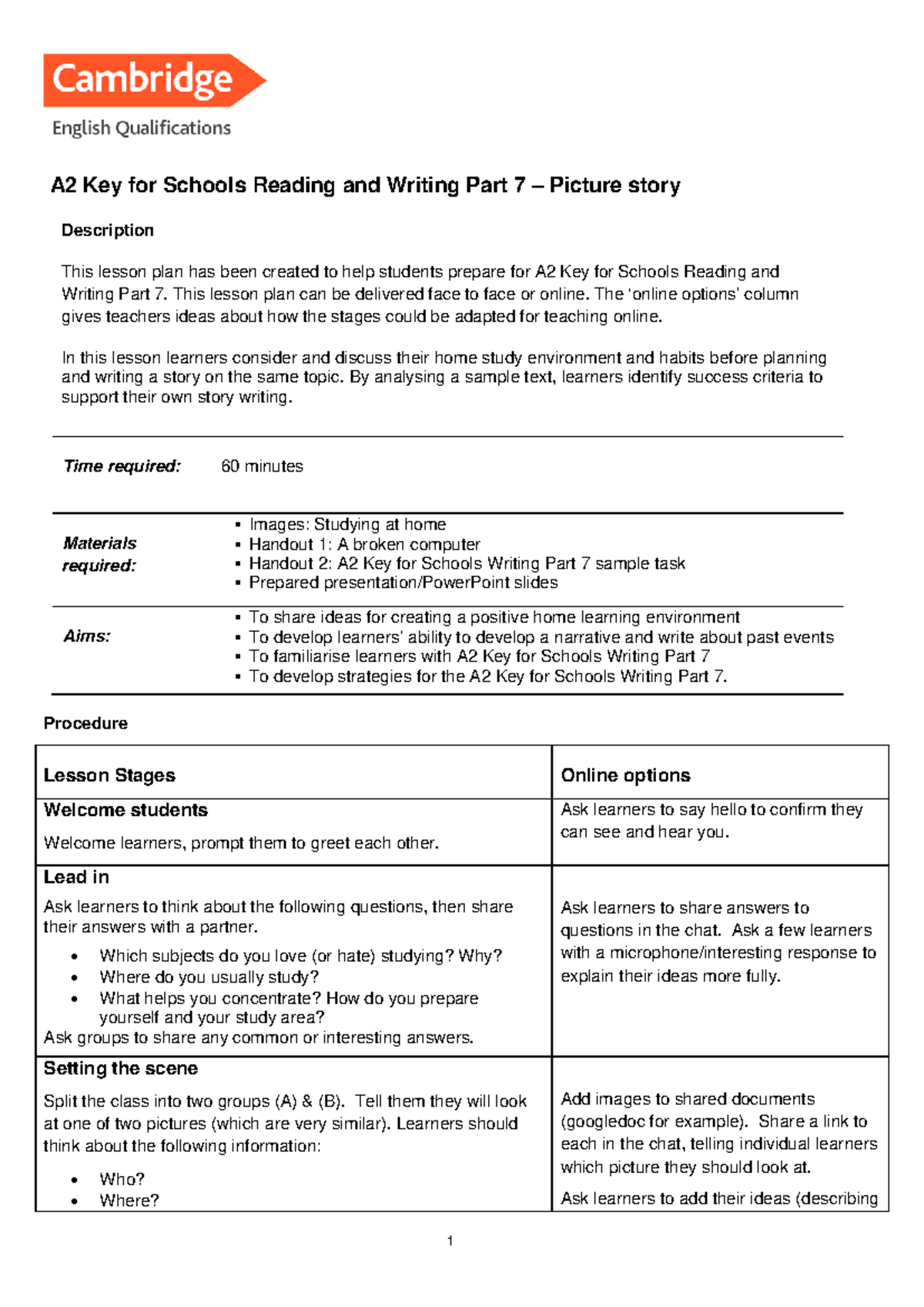A2 Key for Schools Reading & Writing Part 7: Picture Story Lesson Plan ...