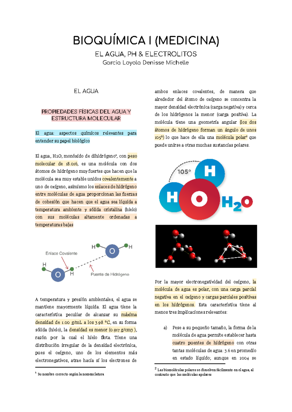 Bioquímica I: Agua, pH y Electrolitos - Propiedades y Funciones - Document Preview