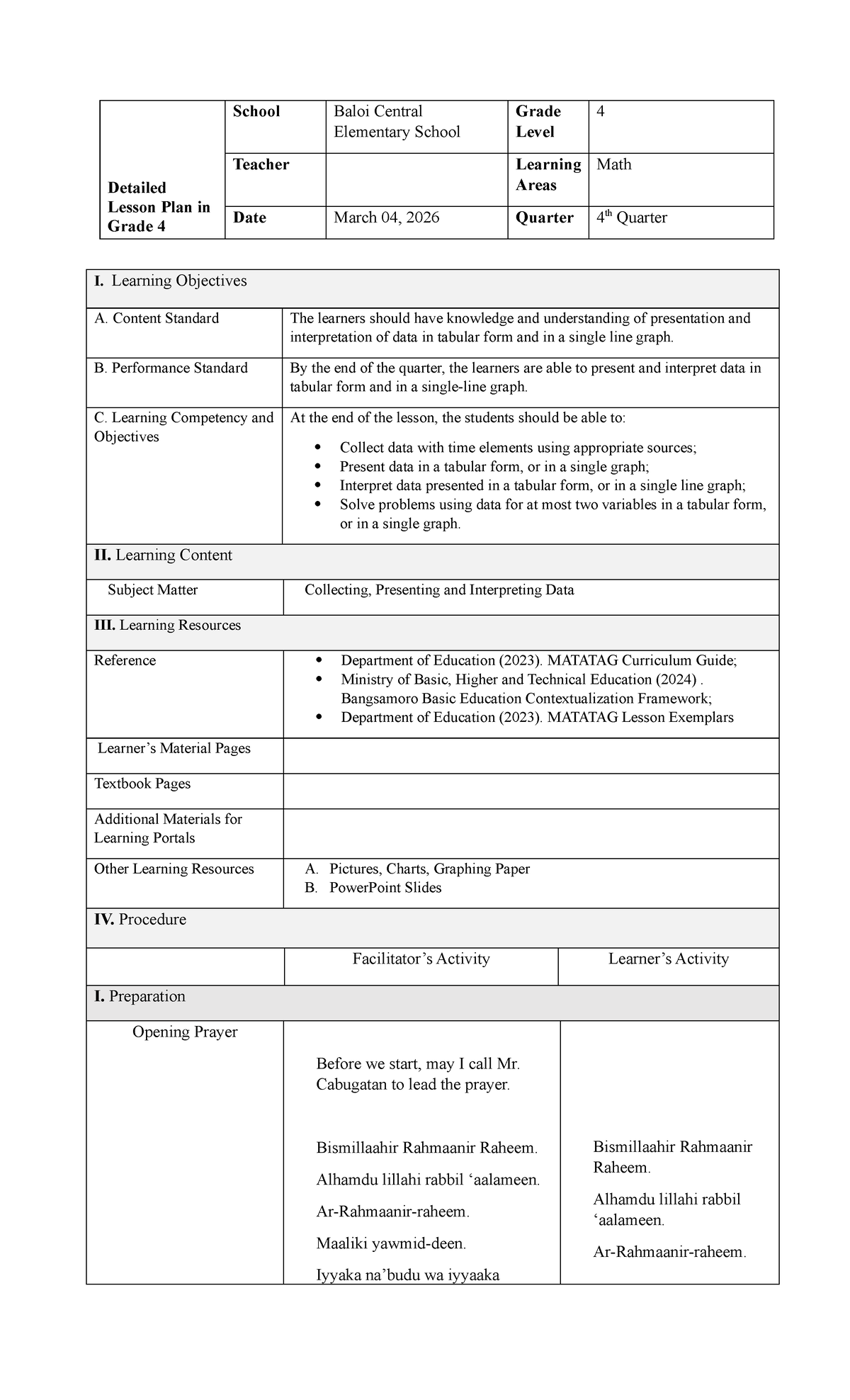 Detailed Lesson Plan for Grade 4 Math: Data Presentation ...