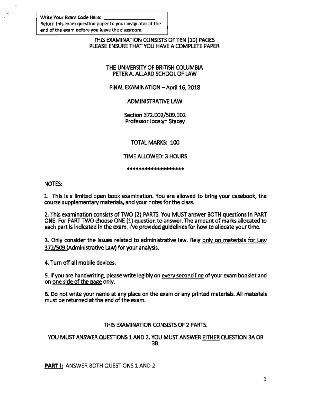 UBC 2018 sample admin exam - Write Your Exam Code Here: Return this ...