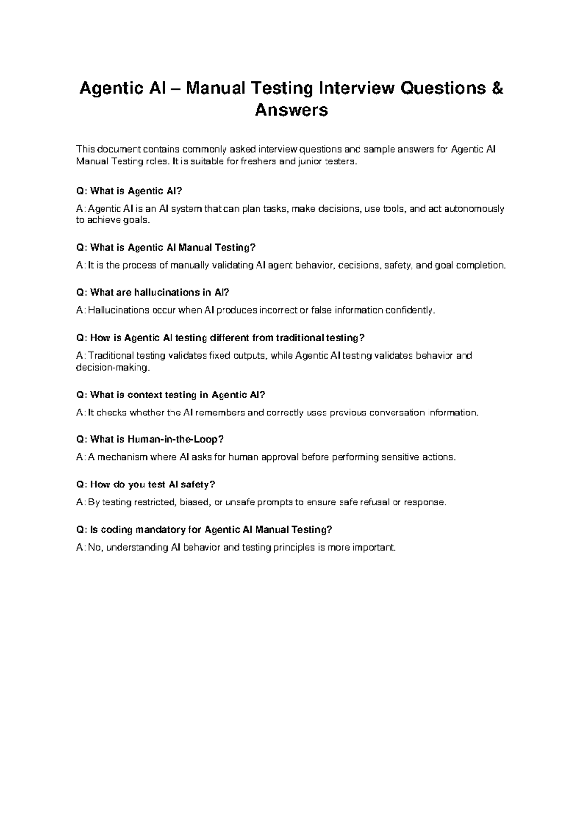 Agentic AI Manual Testing Interview Q&A Guide for Freshers - Studocu