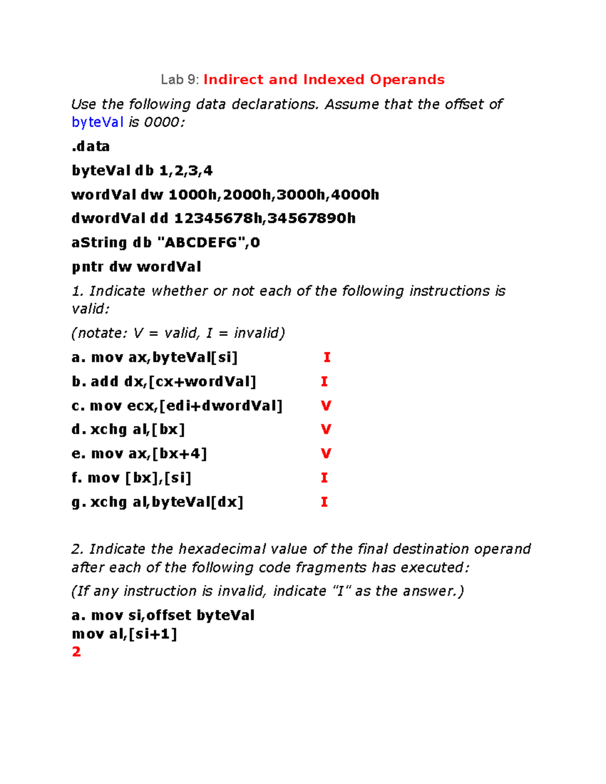 Lab 9 - Indirect and Indexed Operands Analysis - Studocu