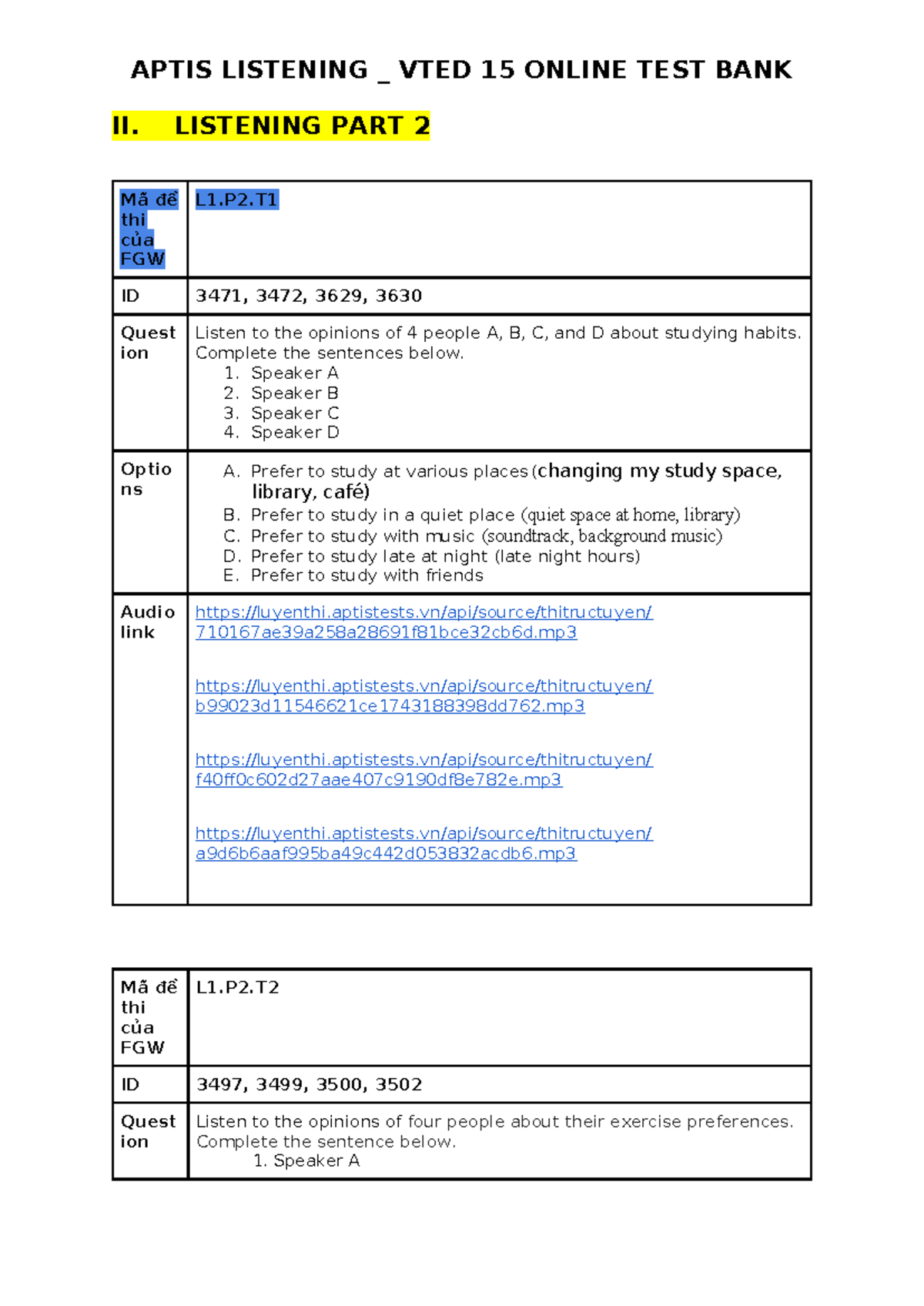APTIS LISTENING _ VTED 15 ONLINE TEST BANK II: Question Part 2 - Studocu