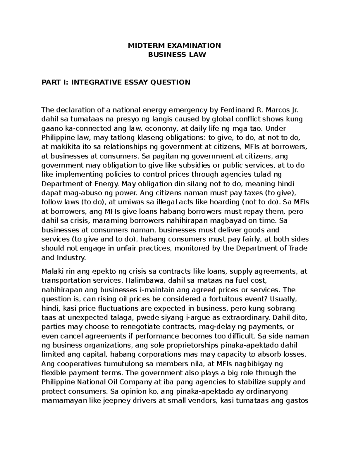 MIDTERM EXAM BUSINESS LAW: ENERGY EMERGENCY ESSAY ANALYSIS - Studocu