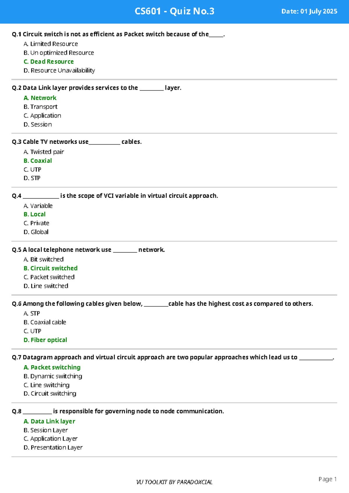 CS601 Quiz No.3 - Circuit Switching and Data Link Layer Concepts - Studocu
