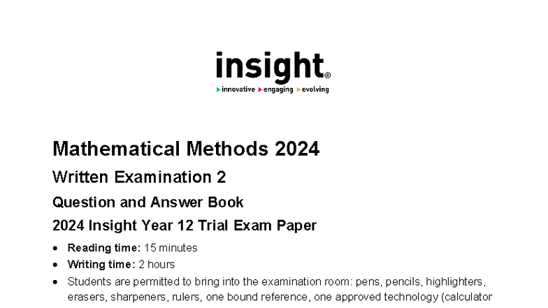 VCE Mathematical Methods 2024 Trial Exam 2 Question & Answer Book - Studocu