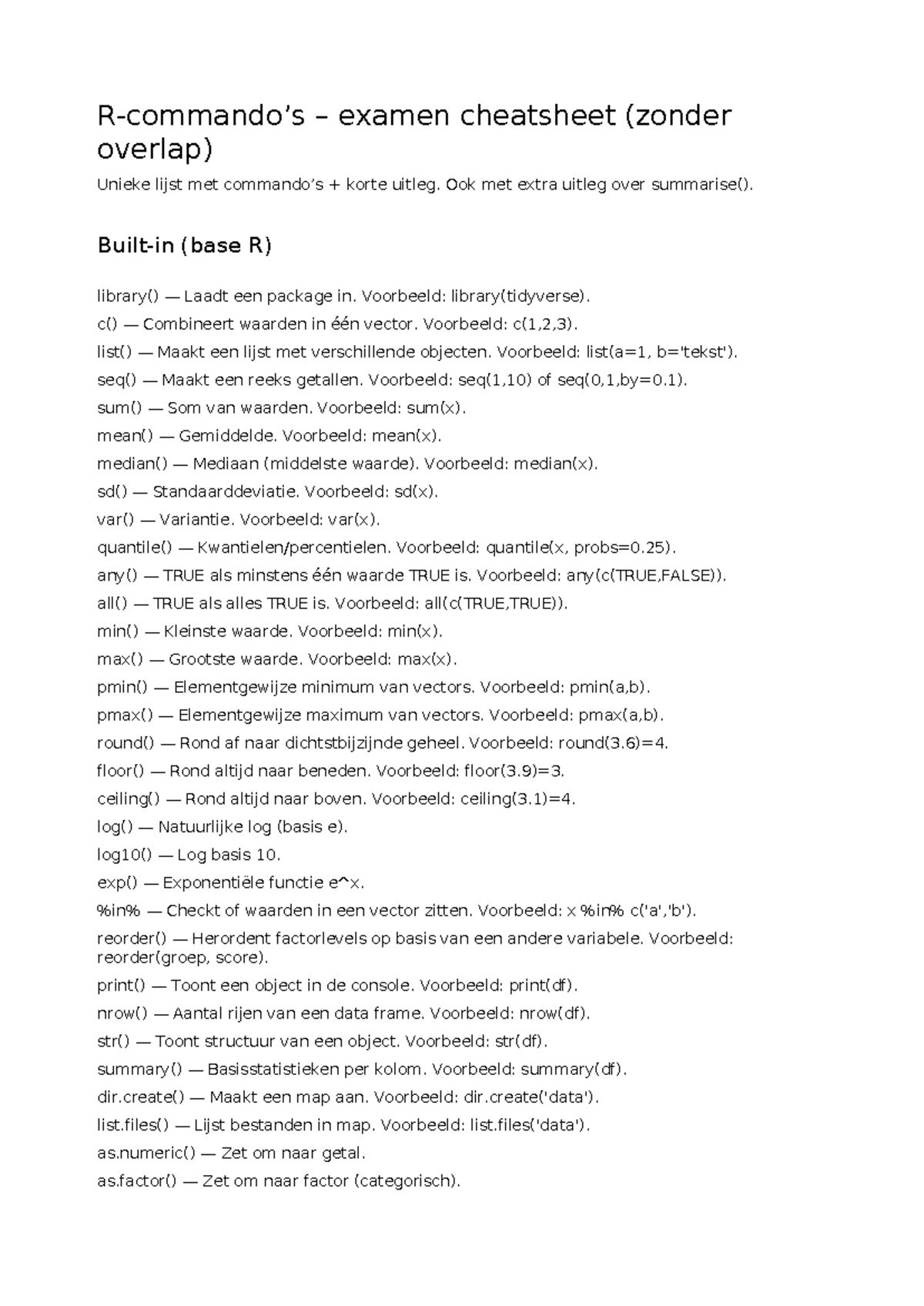 R Commandos Examen Cheatsheet: Belangrijke Functies en Voorbeelden ...