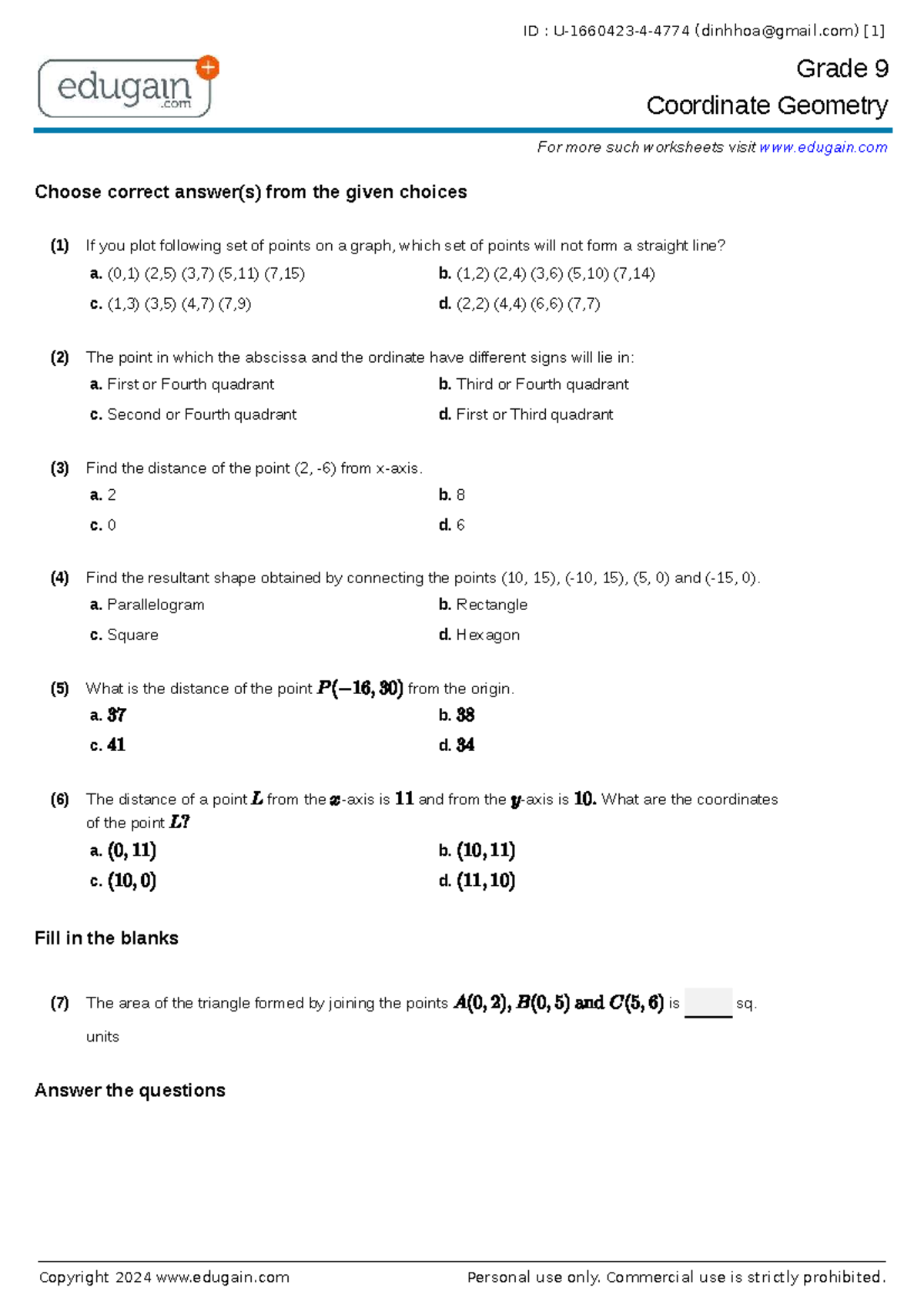 Grade 9 Coordinate Geometry Worksheet: Answer Key & Solutions - Studocu